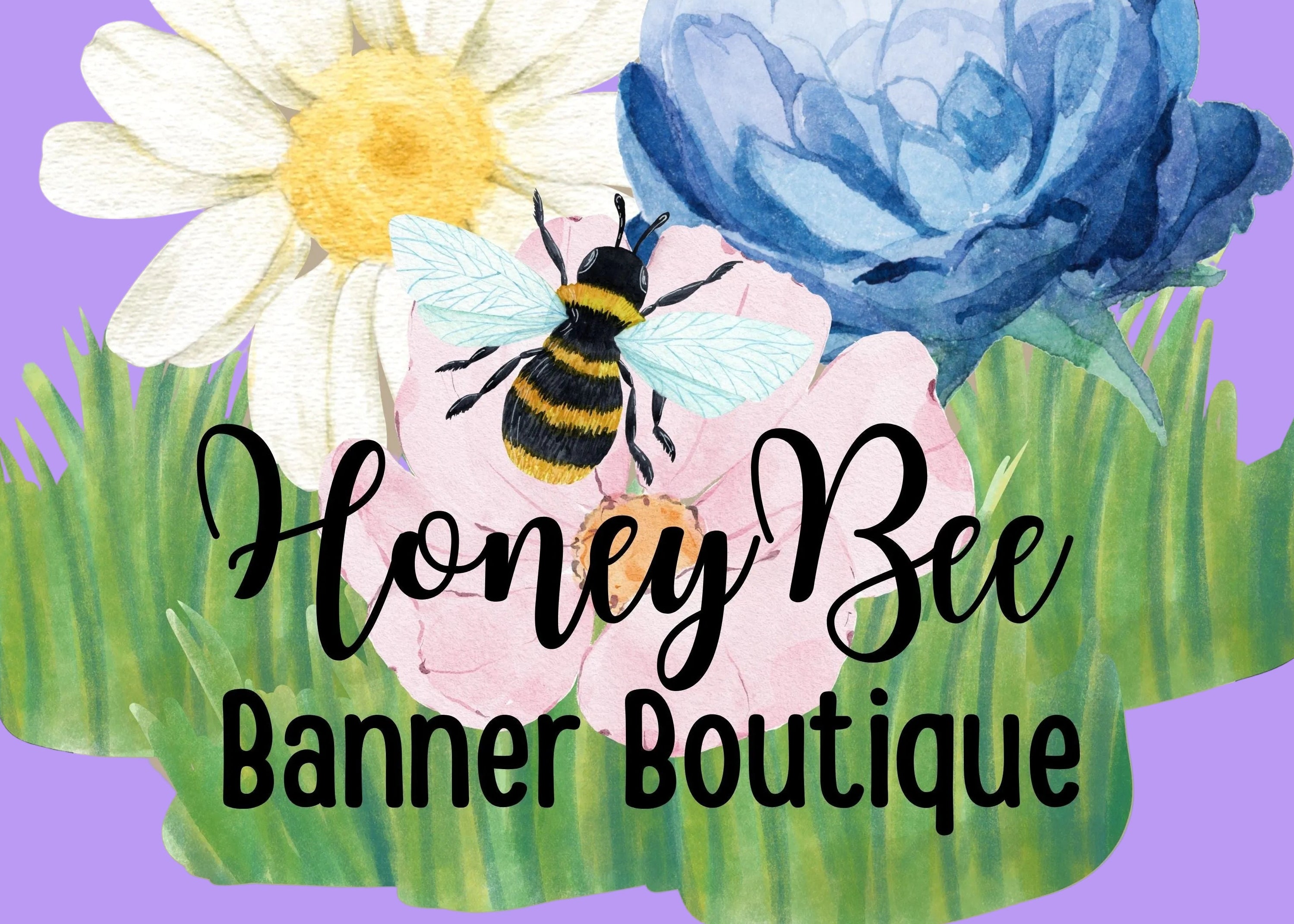 Logo for Honey Bee Banner Boutique with flowers and a bee on a beige background